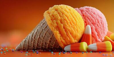 Enjoying colorful ice cream cone with candy corn on a vibrant orange background during summer photo