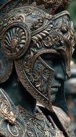 Intricate warrior helmet adorned with ornate designs captured during a historical reenactment event in a vibrant outdoor setting photo