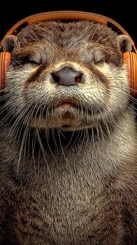 Cute otter wearing headphones enjoying music with eyes closed while highlighting joyful expressions in a vivid close-up photo