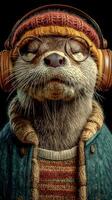 Portrait of a cozy otter wearing headphones and glasses, enjoying music in a stylish sweater and beanie during a relaxed moment photo