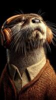 Otter wearing headphones and a sweater showing enjoyment in a cozy indoor setting photo