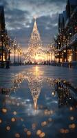 Festive city square with a glowing Christmas tree and lights during sunset near the waterfront photo