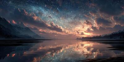 Night sky lit by stars reflects on tranquil lake at dusk with mountains in the background near a forest photo