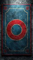 Bold geometric design featuring a central circle on textured dark background with vibrant colors and historical elements photo