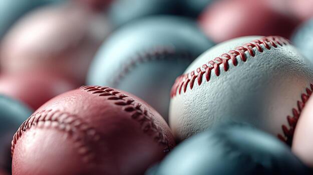Close-up view of baseballs stacked in various colors during a sports activity at a baseball field in the afternoon light photo