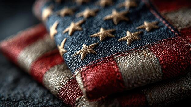 Distressed American flag patch on textured fabric capturing the essence of patriotism and craftsmanship photo