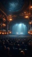 Vibrant theater audience captivated by a performance in an elegant venue illuminated by stage lights photo