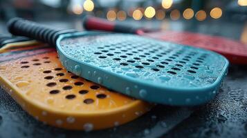 Colorful paddles resting on a wet surface after a rain shower during an outdoor game event in the evening twilight photo