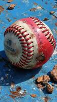 Weathered baseball rests on a blue surface with dirt and stones under a bright sunny sky in an outdoor setting photo