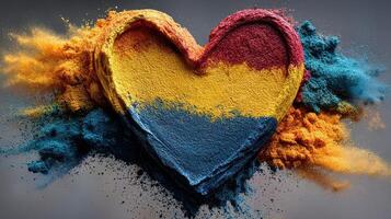 Colorful heart made of powder in yellow, blue, and red symbolizes love for Colombia and its vibrant culture during celebration events photo