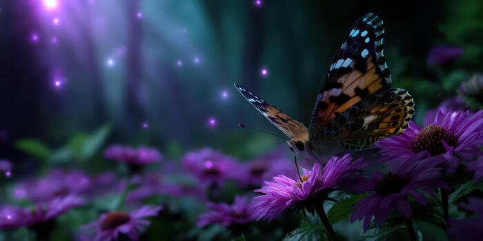 Butterfly resting on vibrant flowers in a serene forest setting during twilight photo