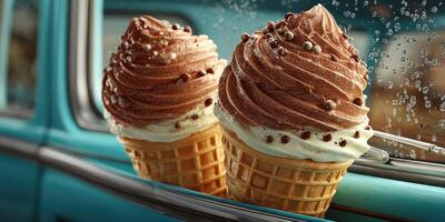 Delicious ice cream cones in a vintage car with raindrops on the window during a warm afternoon photo