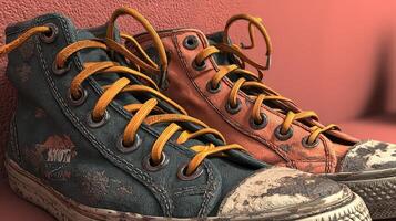 Worn sneakers showcase unique design and character against a pink background photo