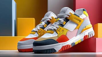 Colorful sneakers displayed on geometric blocks in studio setting highlighting vibrant design and modern style photo