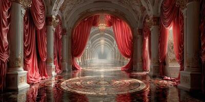 Elegant hallway adorned with red curtains and intricate marble flooring in a grand palace setting photo