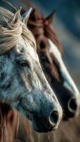 Majestic horses standing side by side in a serene landscape during golden hour photo