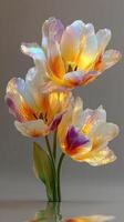 Vibrant glass tulips with warm colors displayed against a simple background photo