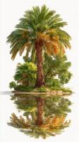 Lush palm trees reflecting in tranquil water at a serene tropical oasis during golden hour photo