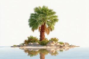 Serene tropical isle with a palm tree and lush vegetation reflecting in calm water photo