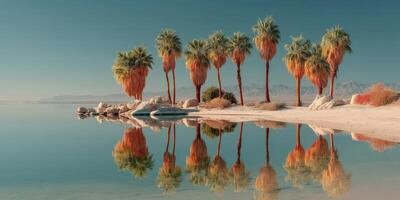 Stunning reflection of palm trees along a serene lake shore at sunset in a desert landscape photo