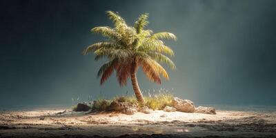 Lone palm tree stands on a sandy beach under soft light creating a serene atmosphere at twilight photo