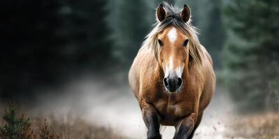 Horse running through a misty forest landscape in the early morning light photo