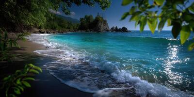 Calm turquoise waves lapping at a serene beach with lush greenery in the background during the early evening photo