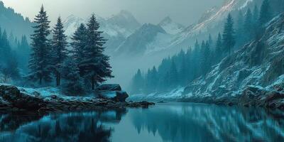 Serenity of a misty river surrounded by snow-capped mountains and evergreen trees at dawn photo