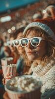 Cheerful crowd enjoying festive movie night under bright lights wearing sunglasses photo