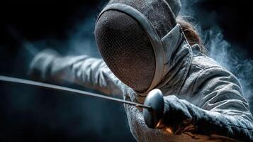 Fencing athlete in action during a competitive match in a dramatic atmosphere with smoke effects and focused intensity photo