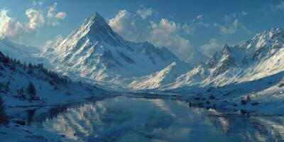 Snow-covered mountain range with serene lake reflections during twilight hours in a tranquil alpine setting photo