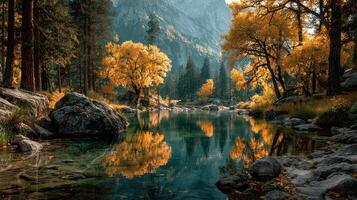 Autumn landscape featuring colorful trees and serene river reflections in the mountains during golden hour photo