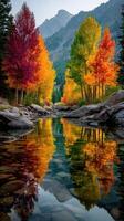 Stunning autumn landscape showing vibrant trees reflected in a calm river in the mountains photo