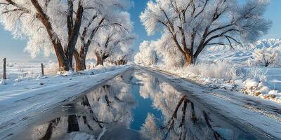 Winter landscape features a snowy road lined with frosted trees and a clear reflection on the surface in the morning sunlight photo