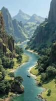 Serene river winding through lush valleys and towering mountains in bright daylight photo