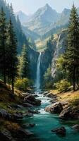 Majestic waterfall cascading through rocky terrain surrounded by evergreen forests in a mountain landscape photo