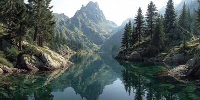 Serene mountain lake reflects towering peaks and dense pine forests during a calm morning photo