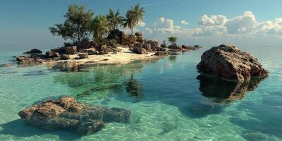 Crystal clear waters and tropical landscape at an isolated island under a bright sky photo