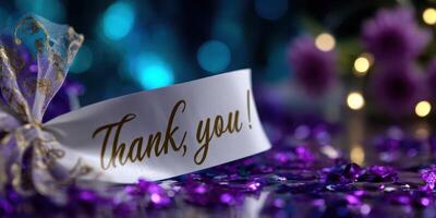 Thank you note on decorative table with purple confetti and soft glowing background during a celebration photo