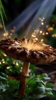 Mushroom glows with magical light in a lush garden during twilight hours photo