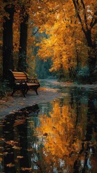 Autumn reflections in a tranquil park showcasing vibrant trees and a serene bench by the water photo