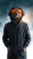 Unique animal wearing sunglasses and headphones poses in a stylish hoodie against a misty background photo