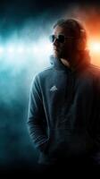 Stylish man wearing headphones poses confidently in a dramatic light setting with cool blue and warm orange hues photo