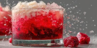 Refreshing raspberry slush served in a glass with ice and splashes captured during a bright afternoon photo
