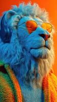 Colorful lion wearing sunglasses and headphones enjoys music in a vibrant setting photo