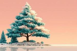 Stunning icy trees by calm water at sunset reflecting vibrant colors in a tranquil winter landscape photo
