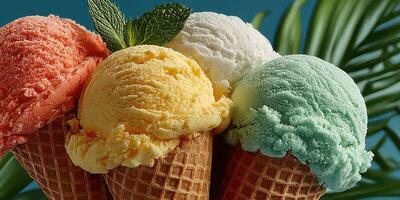Colorful ice cream cones displayed against a tropical backdrop with mint leaves, showcasing various flavors photo