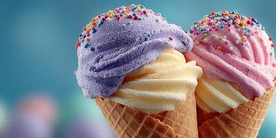 Delicious ice cream cones with lavender and pink flavors topped with sprinkles in a sunny outdoor setting photo