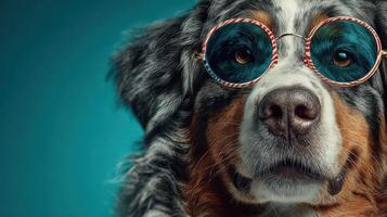 Dog wearing colorful sunglasses striking a cool pose against an aqua background photo