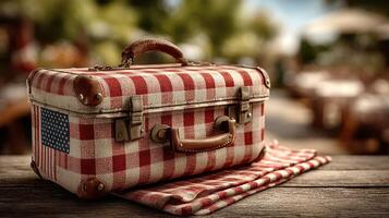 Vintage picnic suitcase on a wooden table in a sunny outdoor setting with blurred background photo